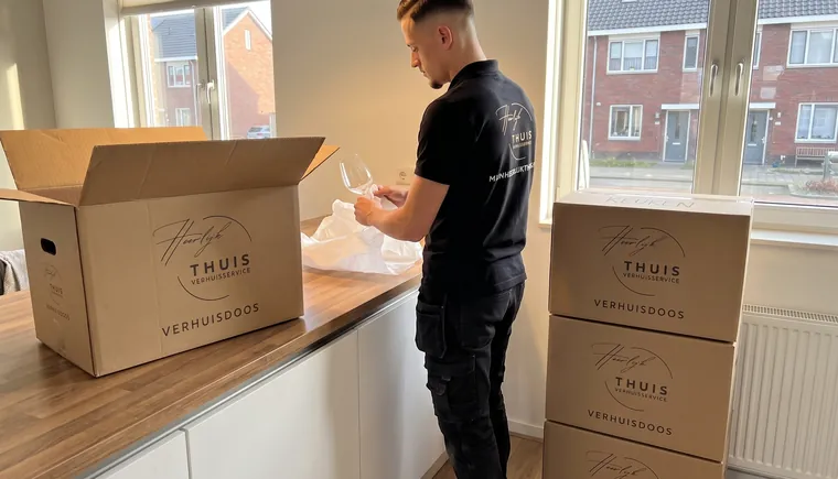 Verhuizer pakt glaswerk in aan het aanrecht, met verhuisdozen van Heerlijk Thuis ernaast
