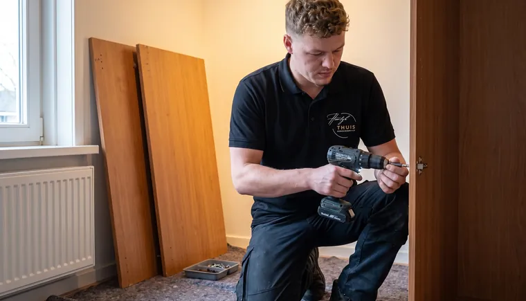 Verhuizer schroeft een kledingkast los met een accuschroevendraaier
