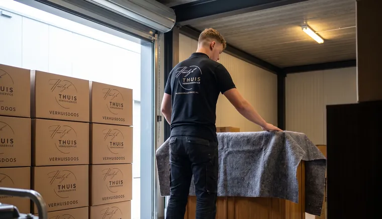 Verhuizer legt een verhuisdeken over een kast in de opslagunit, naast gestapelde verhuisdozen