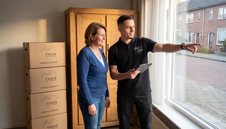 Medewerker van Heerlijk Thuis loopt met een tablet de verhuizing door met een klant