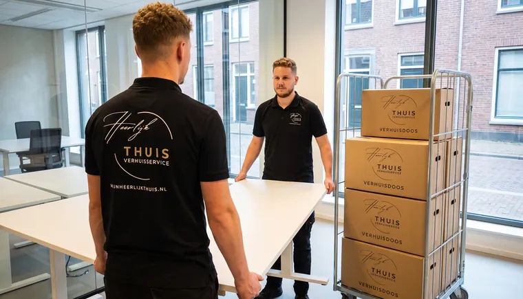 Twee verhuizers dragen samen een bureau, naast een rolcontainer met verhuisdozen