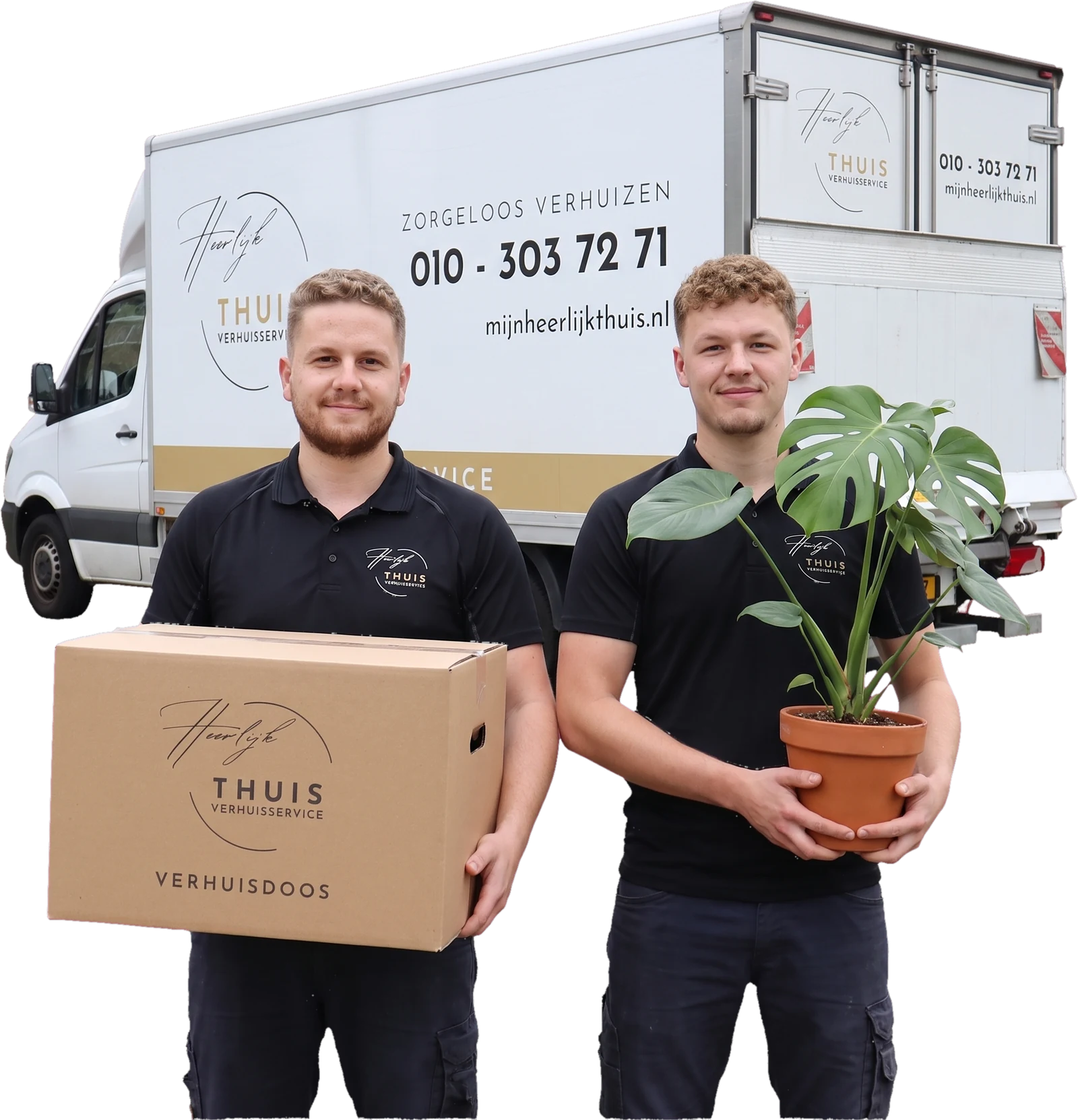 Twee verhuizers van Heerlijk Thuis Verhuisservice met een verhuisdoos en een plant voor de bakwagen