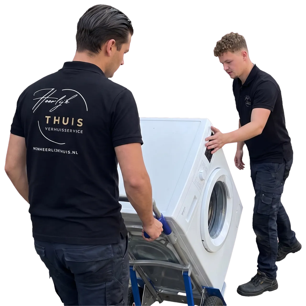 Twee verhuizers van Heerlijk Thuis zetten een wasmachine op een steekwagen