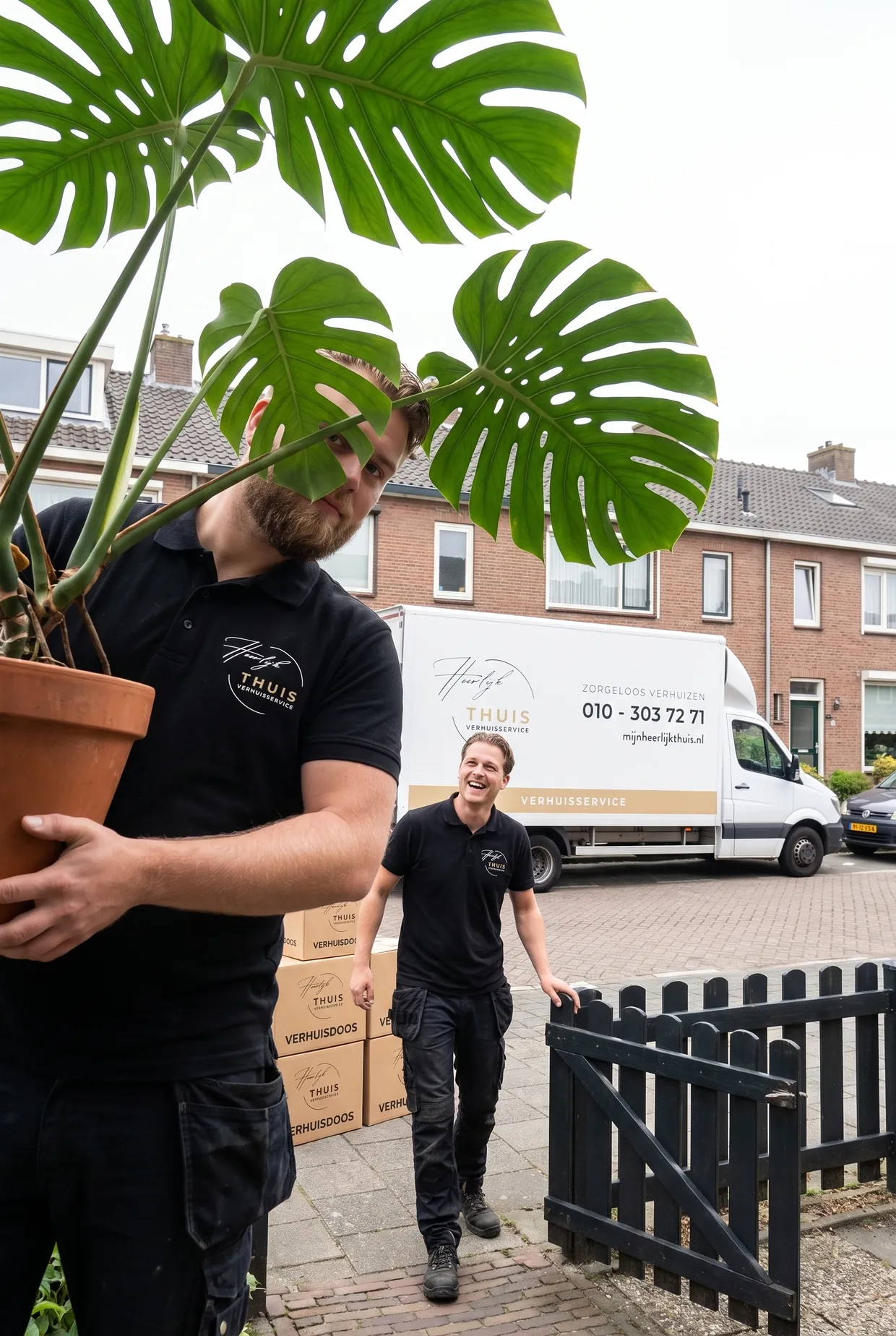 Verhuizer draagt een grote monstera naar buiten, zijn collega loopt lachend mee bij de verhuiswagen