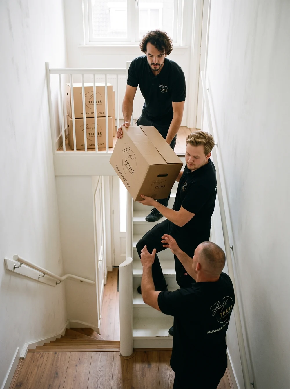 Drie verhuizers van Heerlijk Thuis geven verhuisdozen door over de trap